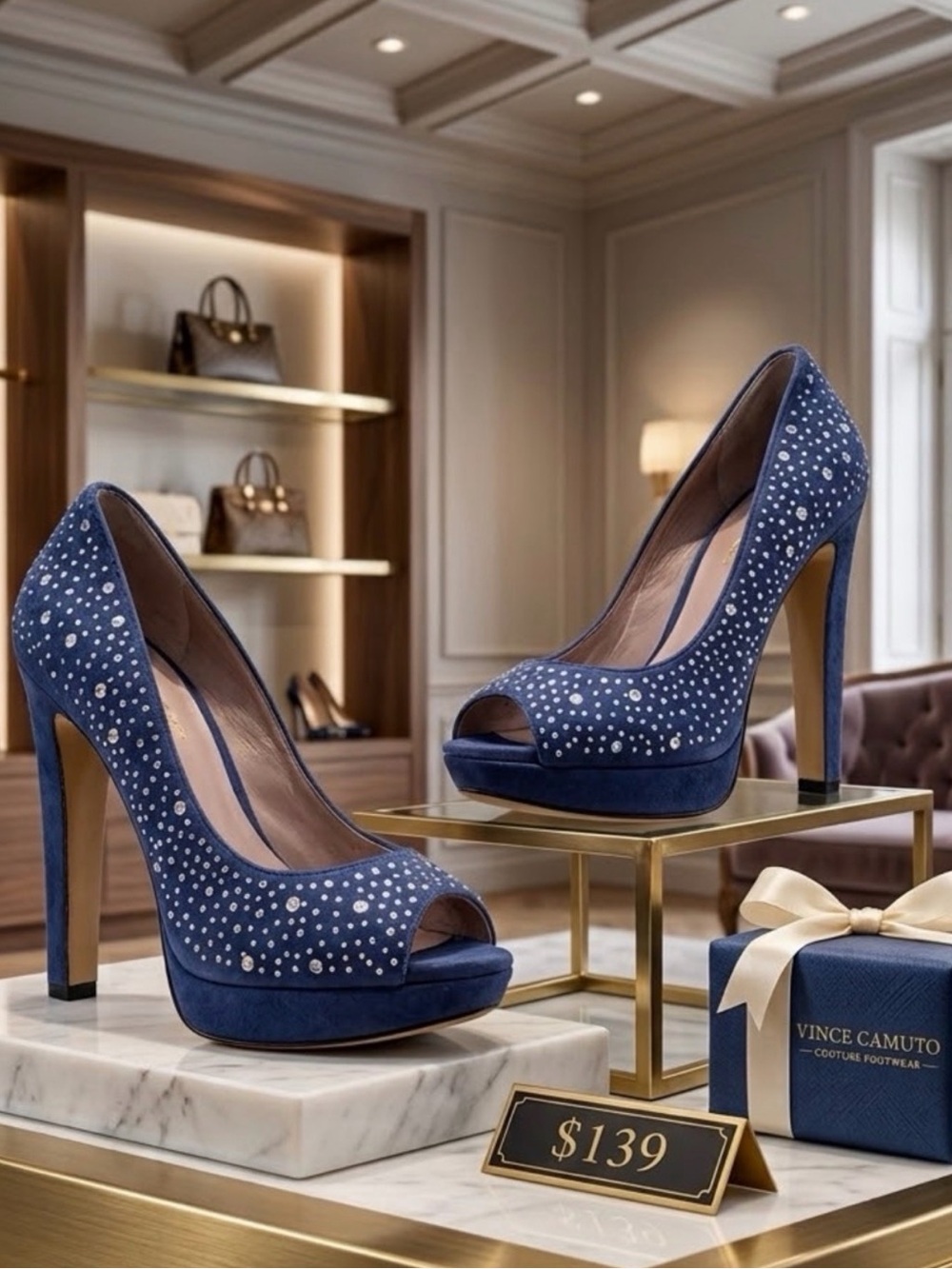 Vince Camuto Blue Suede Rhinestone Platform Pumps Size 7